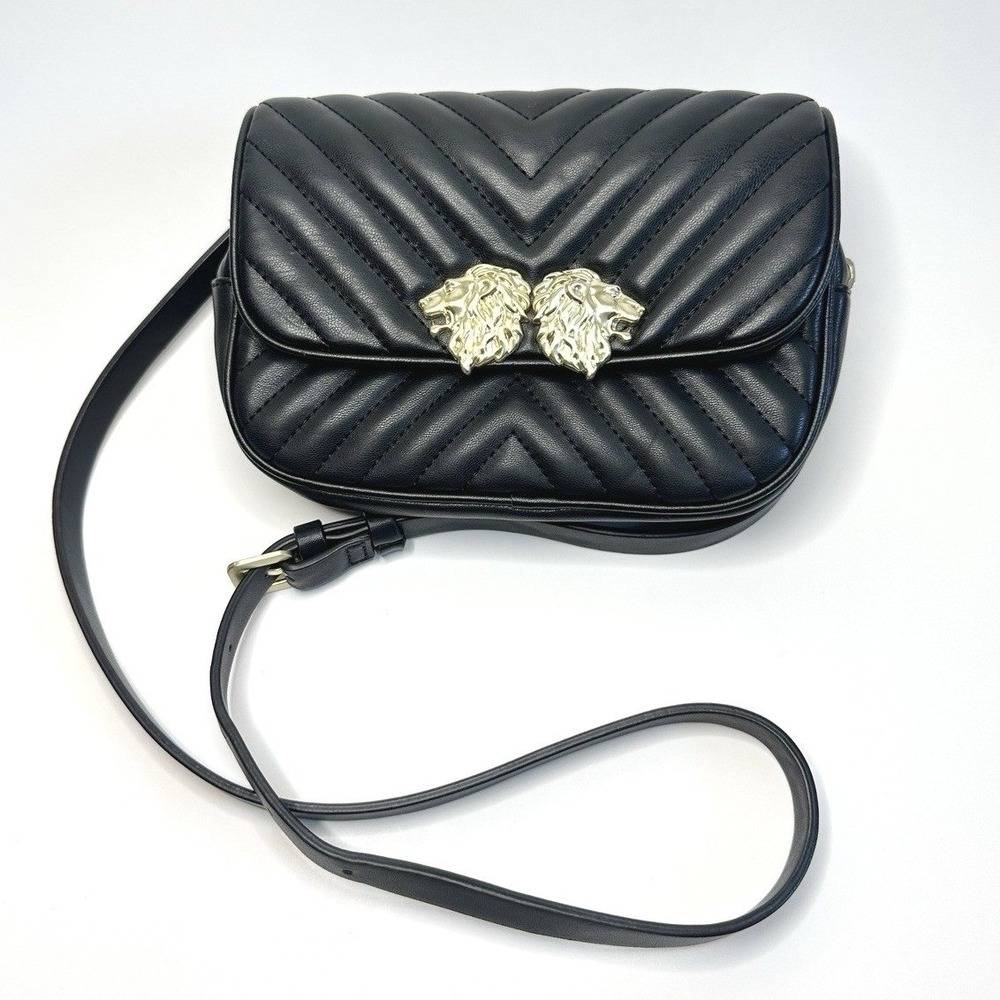 Zara Black‎ Crossbody Bag Lion Head Gold Hardware Quilted Belt Bag Convertible